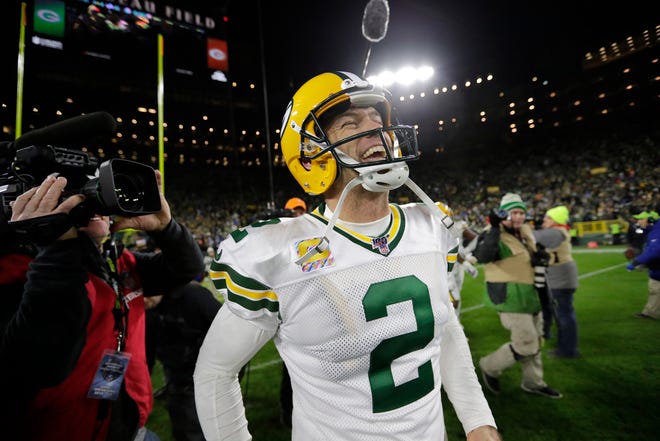 Green Bay Packers kicker Mason Crosby (2) celebrates his game-winning field goal against the Detroit Lions during their footbal game Monday, October 14, 2019, at Lambeau Field in Green Bay, Wis. Green Bay won 23-22.

Dan Powers /USA TODAY NETWORK-Wisconsin