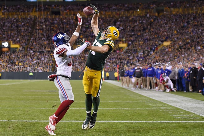 Trevin Wade (31) of the New York Giants defends a pass intended for Jordy Nelson (87) of the Green Bay Packers during the second half of a game at Lambeau Field on October 9, 2016 in Green Bay, Wis. The Packers defeated the Giants 23-16.