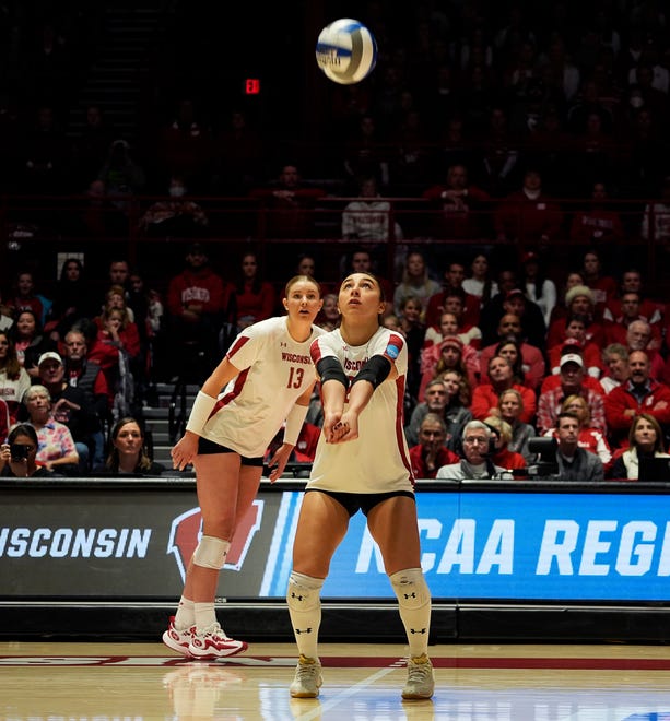 Wisconsin libero/defensive specialist Gulce Guctekin (21) prepares for the return during the first set of the NCAA Regional Volleyball semifinal match against Penn State on Thursday December 7, 2023 at the UW Field House in Madison, Wis.