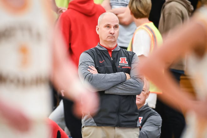 Arrowhead head coach Craig Haase watches the action in a game against Kettle Moraine on Friday, December 8, 2023, at Kettle Moraine High School in Wales, Wisconsin. Arrowhead won, 80-59.